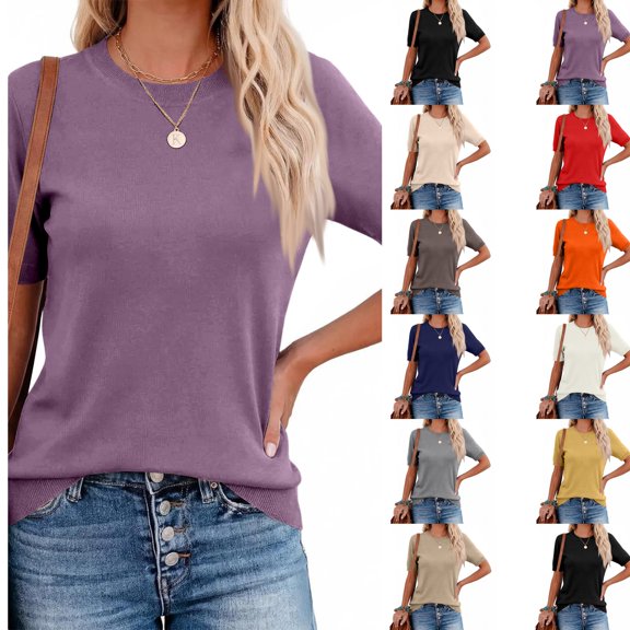 Sweaters for Women Wool Blend Short Sleeve Crew Neck Tops Lightweight Loose Summer Business Casual Clothes XL 05# Purple