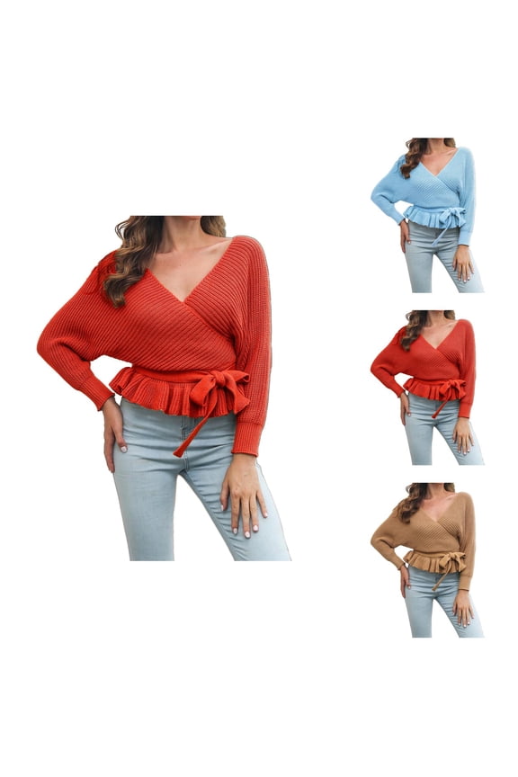 Sweaters for Women, Wrap Sweaters for Women, V Neck Batwing Sleeve Pullover, Belted Waist Ruffle Knit