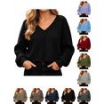 thumbnail image 1 of Sweaters for Women Zaewscy Women V Neck Waffle Knit Cropped Pullover Sweater Casual Long Sleeve Loose Fit Fall Winter Top Black L, 1 of 9