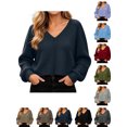thumbnail image 1 of Sweaters for Women Zaewscy Women V Neck Waffle Knit Cropped Pullover Sweater Casual Long Sleeve Loose Fit Fall Winter Top Navy L, 1 of 9