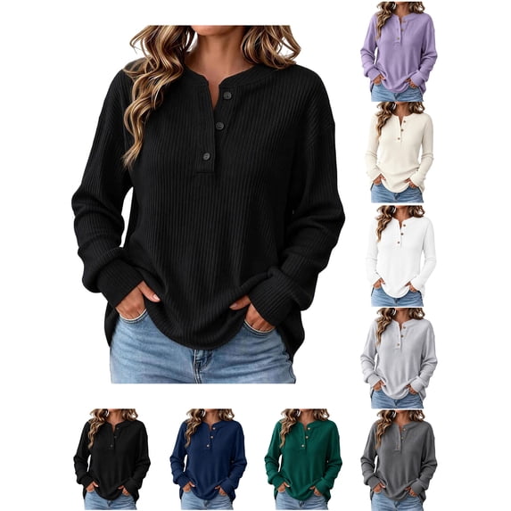 Sweaters for Women Zaewscy Women's Henley Neck Button Ribbed Knit Long Sleeve Loose Pullover Sweater Black L