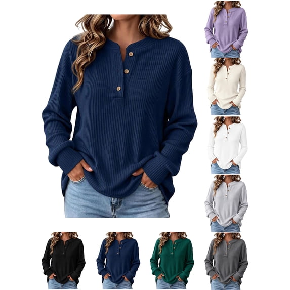 Sweaters for Women Zaewscy Women's Henley Neck Button Ribbed Knit Long Sleeve Loose Pullover Sweater Navy L