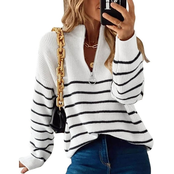Sweaters for Women Zip Up Crew Neck Long Sleeve Striped Knitted Pullover Sweaters Tops Winter Sweaters Alsol Lamesa