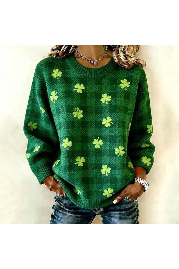 Sweaters for Womens St. Patricks Day Sweaters Shamrock Cozy Knitted Pullover Jumpers (Dark Green L)