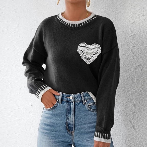 Sweaters for Womens Winter Fleece Warm Knitting Sweater Casual Love Printing Long Sleeve Shirts Comfortable Round-Neck Blouses Pullover Acrylic Tops