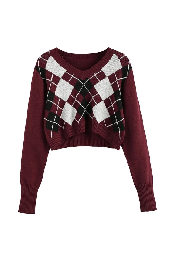 Sweaters for women Fashion Women's Argyle Pattern Long Sleeve England Style Sweaters Ladies Top christmas sweater women
