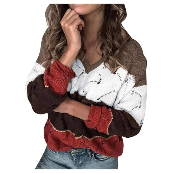 Sweaters for women Women Color Block Striped V Neck Sweater For Women Long Sleeve Knit Pullover Jumper Tops ugly christmas sweater women