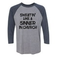 thumbnail image 1 of Sweatin Like A Sinner In Church Unisex 3/4 Sleeve Baseball Raglan Tee, 1 of 2