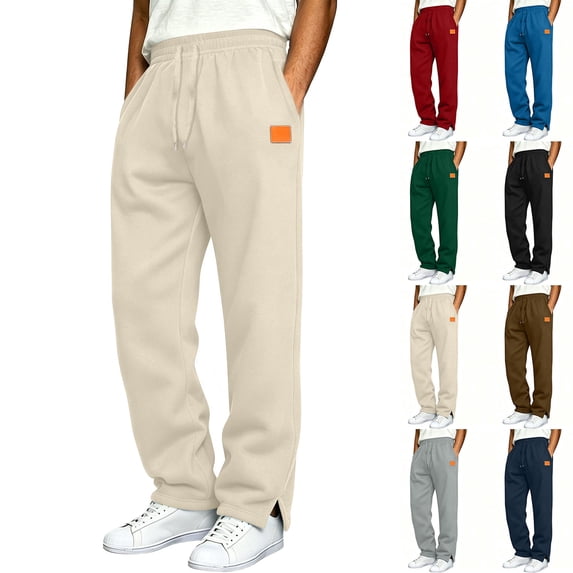 Sweatpant Dqueduo Men's Casual Straight Leg Sweatpants Elastic Drawstring Waist Solid Color Trousers With Leather Patch Side Slits S A Beige
