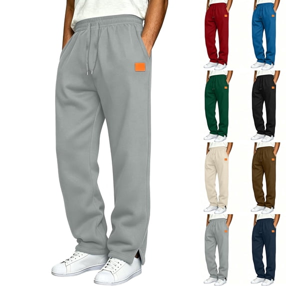 Sweatpant Dqueduo Men's Casual Straight Leg Sweatpants Elastic Drawstring Waist Solid Color Trousers With Leather Patch Side Slits XXL A Gray