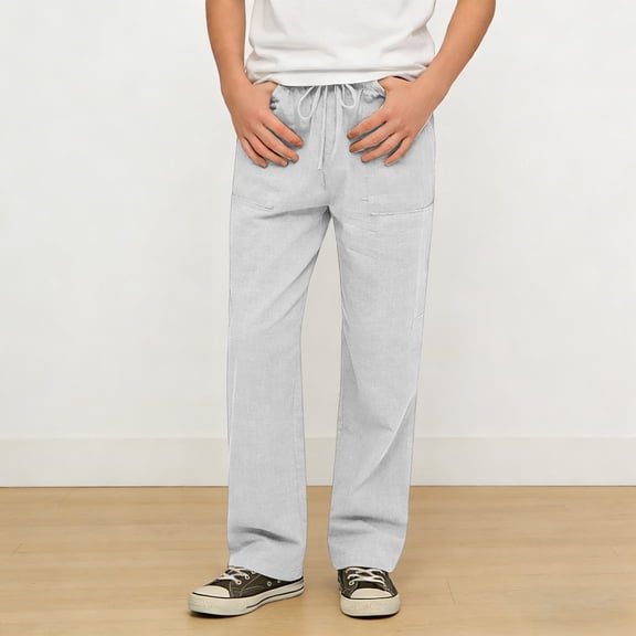 Sweatpant Linen White Sweat Pants for Girls Adjustable Drawstring Casual Pants with Pockets Boys Solid Pants Youth Athletic Pants 8-9 Years
