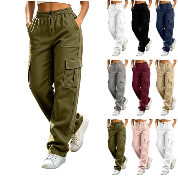 Sweatpants Fall Wide Leg High Waist Casual Cropped Pant Women's Solid Color Stretch Cargo Pants With Elastic Waistband Button Zip Fly And Multi Pockets Outdoor Casual Hiking Trousers Gray S