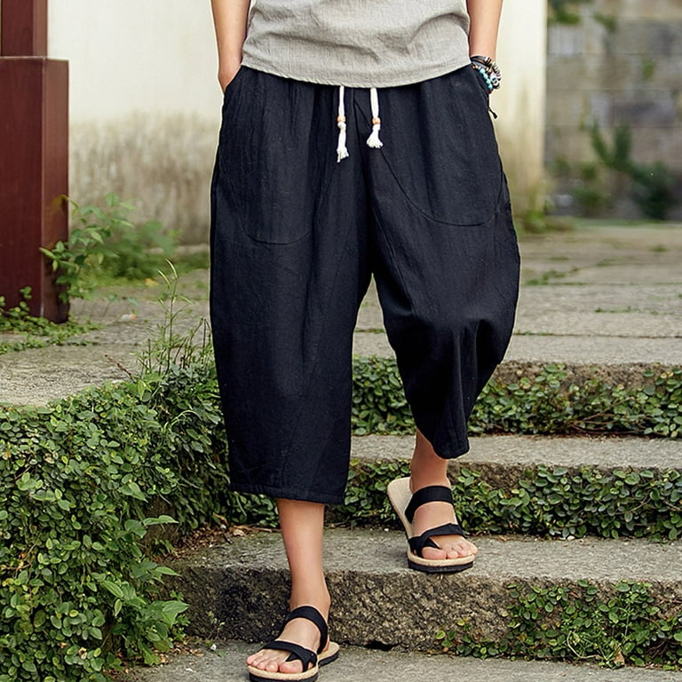 Sweatpants For Men's Casual Slim Sports Pants Calf-Length Linen Trousers  Baggy Harem