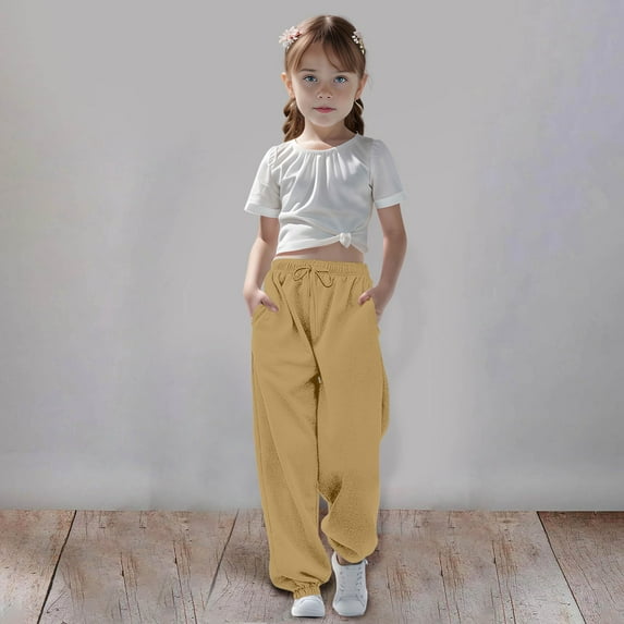 Sweatpants For Teen Girls Adjustable Drawstring Casual Pants With Pockets Solid Color Yellow Pants For Boys Kids Pants Boys Size 7-8 Years