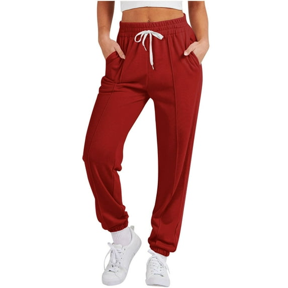 Sweatpants For Women Solid Color Elastic Waist Loose Casual Red Sweatpants (L)