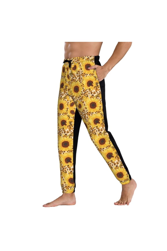 Sweatpants for Men - Abstract Leopard Print Sunflower Adjustable Elastic Band Mens Joggers With Pockets, Athletic Workout Gym Casual Track Pants for Men
