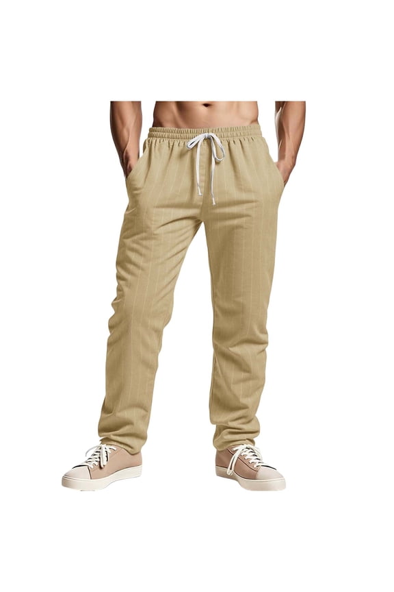 Sweatpants Men, Cotton Linen Pants Men Casual Striped Elastic Drawstring Waist Jogging Sweatpants Beach Travel Baggy Work Pants Khaki XXL