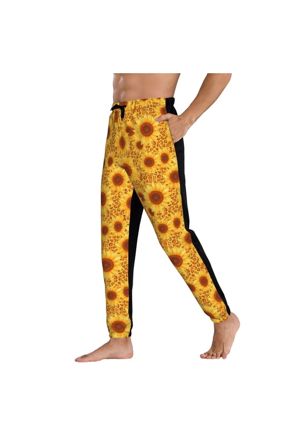 Sweatpants for Men - Vintage Leopard Print Sunflower Adjustable Elastic Band Mens Joggers With Pockets, Athletic Workout Gym Casual Track Pants for Men