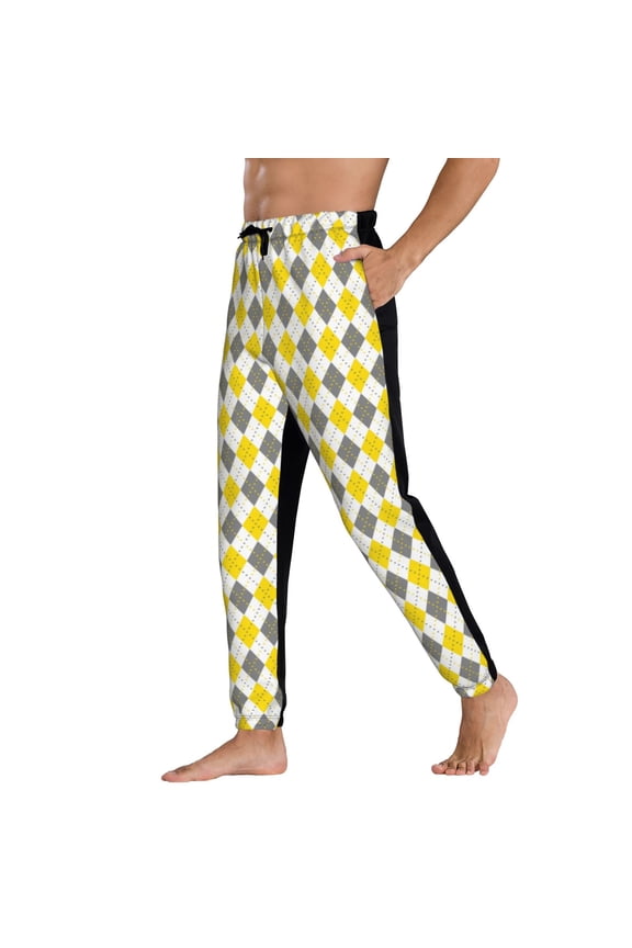 Sweatpants for Men - Yellow Grey White Diamond Plaid Adjustable Elastic Band Mens Joggers With Pockets, Athletic Workout Gym Casual Track Pants for Men