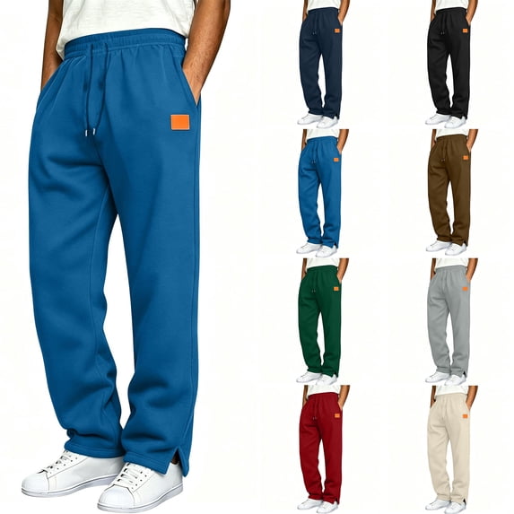 Sweatpants for Men Zaewscy Men's Casual Straight-Leg Sweatpants With Side Slits Stylish Trendy Solid-Color Trousers Featuring A Leather Patch Blue XXL