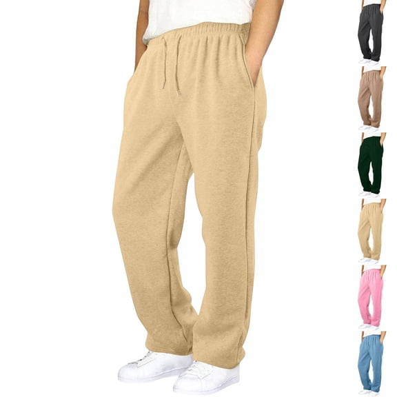 Sweatpants Mens Open Bottom Drawstring Outdoor Hiking Pants Casual Track Jogging, Beige XXL