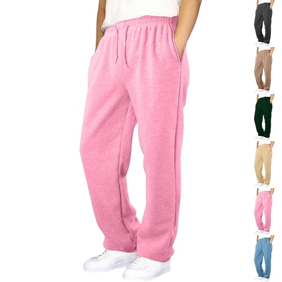 Sweatpants Mens Open Bottom Drawstring Outdoor Hiking Pants Casual Track Jogging, Pink XL