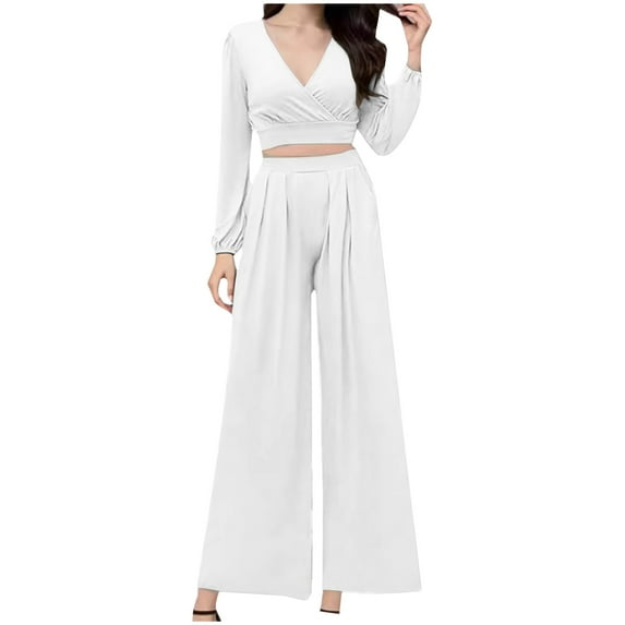 Sweatpants Outfits Women's 2 Piece Office Outfits Long Sleeve Croppes Tops Casual High Waist Wide Leg Pant Sets Cocktail Party Suit Two Piece Jogging Suit Set S-76 White L