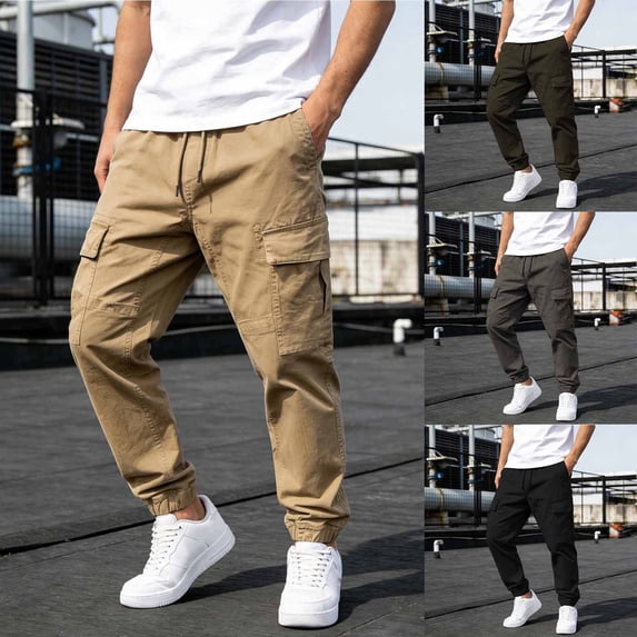 Sweatpants Pants Authentics Mens Relaxed Fit Stretch Cargo Pant Men's Solid Color Pocket Bandage Elastic Waist Casual Fashionable Cargo Full Length Pants Khaki L