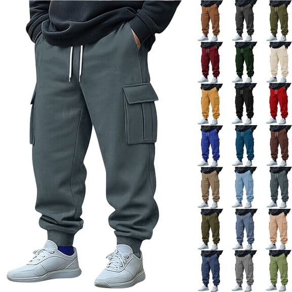 Sweatpants Pants for Men Sports Leisure Pocket Solid Color Elastic Waist Drawstring Straight Leg Retractable Hem Design Long Pants with Pocket