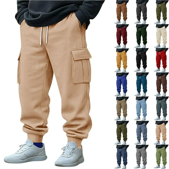 Sweatpants Pants for Men Sports Leisure Pocket Solid Color Elastic Waist Drawstring Straight Leg Retractable Hem Design Long Pants with Pocket