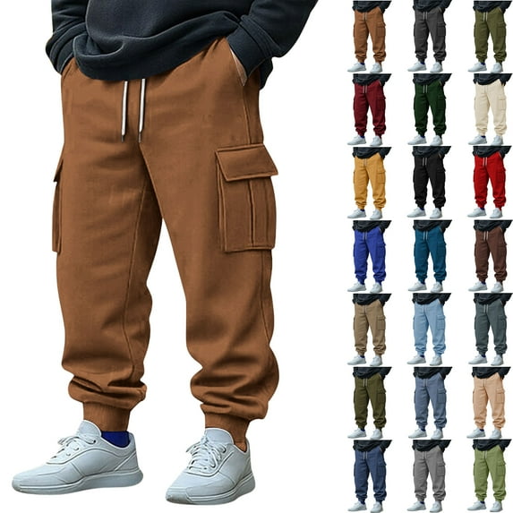 Sweatpants Pants for Men Sports Leisure Pocket Solid Color Elastic Waist Drawstring Straight Leg Retractable Hem Design Long Pants with Pocket