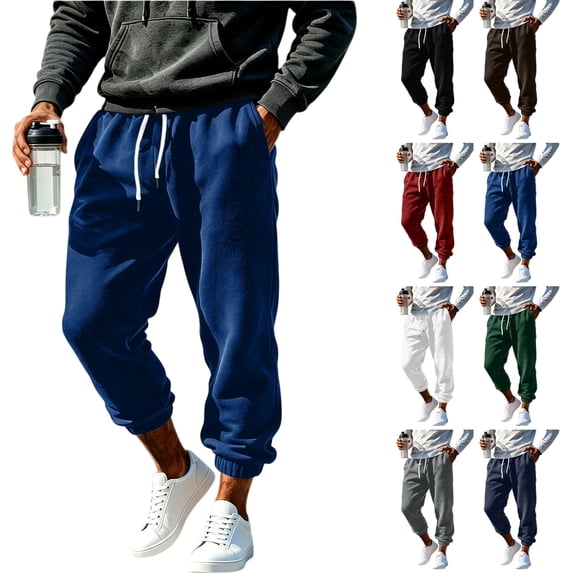 Sweatpants Pants for Men Sports Leisure Pocket Solid Color Elastic Waist Drawstring Straight Leg Retractable Hem Design Long Pants with Pocket