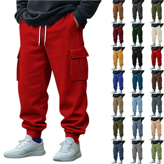 Sweatpants Pants for Men Sports Leisure Pocket Solid Color Elastic Waist Drawstring Straight Leg Retractable Hem Design Long Pants with Pocket