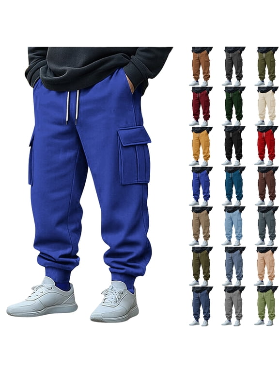 Sweatpants Pants for Men Sports Leisure Pocket Solid Color Elastic Waist Drawstring Straight Leg Retractable Hem Design Long Pants with Pocket