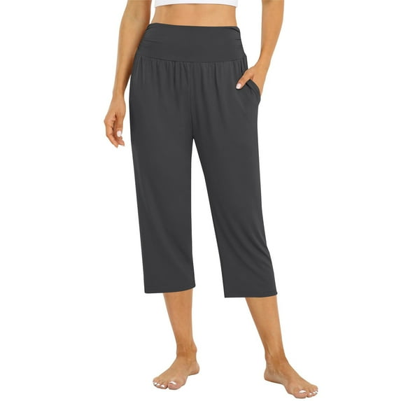 Sweatpants Wide Leg,Womens Sweatpants Wide Leg,Womens Summer Pants Casual,OHGOD Solid Color High-Waisted Capri Yoga Pants for Women, Comfortable with Pockets, Stretchy Fitness Leggings - Gray - XL