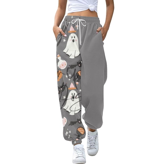 Sweatpants Women Baggy Halloween Ghost Pumpkin Printed High Elastic Waisted Drawstring Jogger Trousers with Pockets Comfy Athletic Track Pants