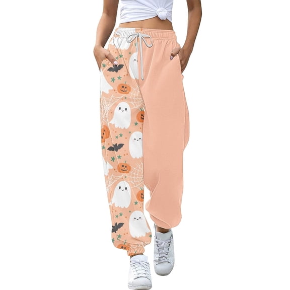 Sweatpants Women Baggy Halloween Ghost Pumpkin Printed High Elastic Waisted Drawstring Jogger Trousers with Pockets Comfy Y2K Streetwear