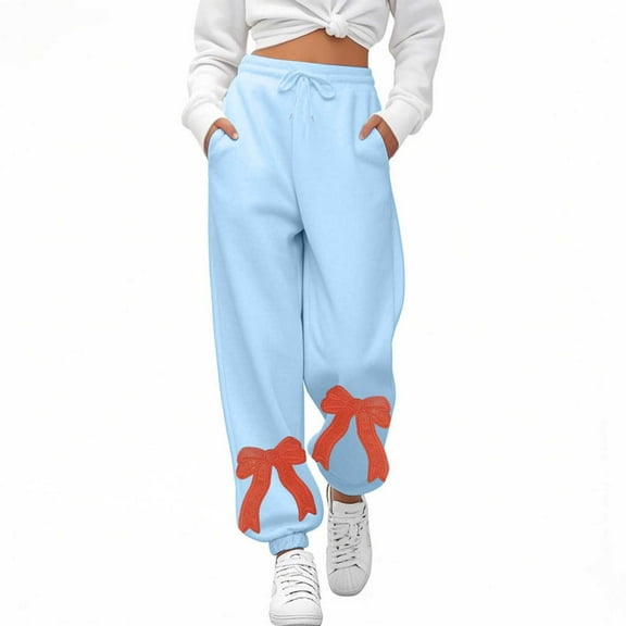 Sweatpants Women Bow Embroidered High Waisted Drawstring Sweatpants with Pockets Lounge Pants Loose Casual Light Blue S