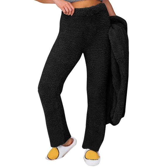 Sweatpants Women Casual Sweatpants Elastic High Waist Solid Color Fleece Thermal Full Length Winter Lounge Pants Warm Polyester Fabric L Work Pants Women