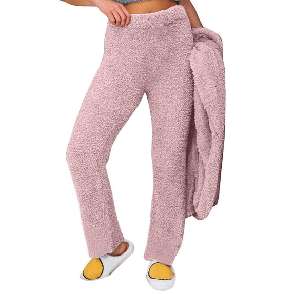 Sweatpants Women Casual Sweatpants Elastic High Waist Solid Color Fleece Thermal Full Length Winter Lounge Pants Warm Polyester Fabric M Work Pants Women