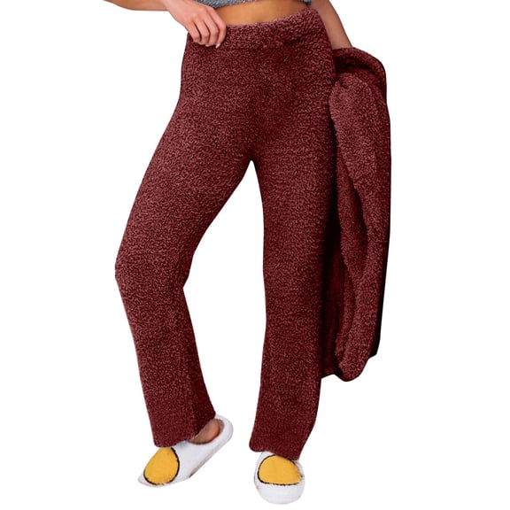 Sweatpants Women Casual Sweatpants Elastic High Waist Solid Color Fleece Thermal Full Length Winter Lounge Pants Warm Polyester Fabric S Work Pants Women