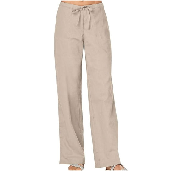 Sweatpants Women New Women's Cotton Linen Pants Summer Wide Leg Casual Loose Elastic High Waist Trousers Lightweight Drawstring Pants Beach Pants for Women Khaki L New