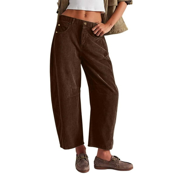 Sweatpants Women Corduroy Barrel Pants Mid Elastic Waist Wide Leg Baggy Trousers With Pockets Casual Style Soft Polyester Fabric Suitable For Fall & Winter M High Pull Pants