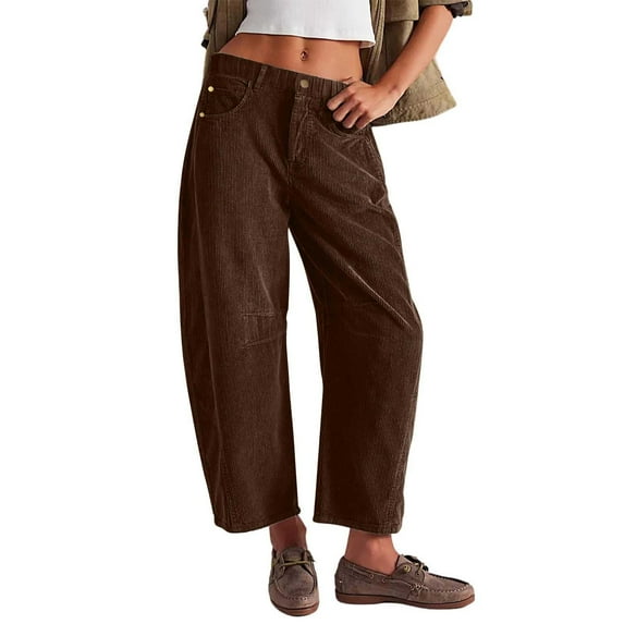 Sweatpants Women Corduroy Barrel Pants Mid Elastic Waist Wide Leg Baggy Trousers With Pockets Casual Style Soft Polyester Fabric Suitable For Fall & Winter S High Pull Pants