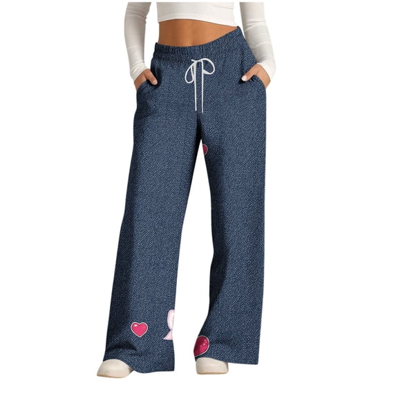 Sweatpants Women Fashion Loose Casual Wide Leg Pants, Faux Denim Printed Drawstring Long Trousers Comfortable for Home Wear