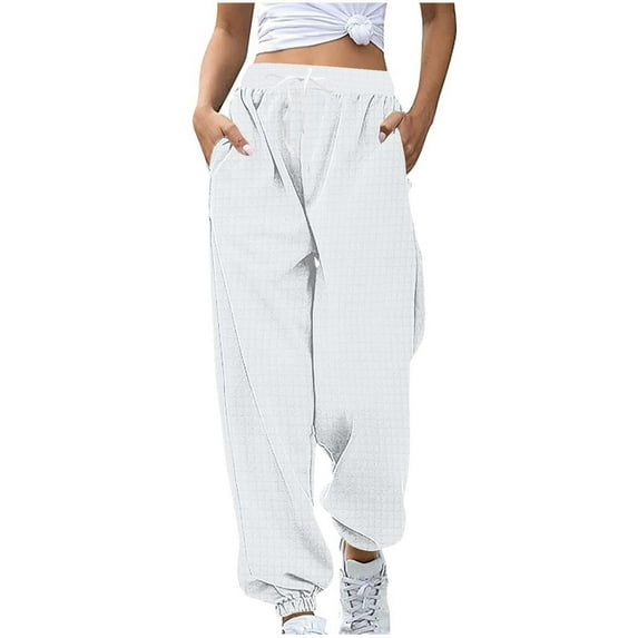 Sweatpants for Women Fashion Waffle Casual Long Pant Solid Color Elastic Baggy Ankle Binding Sweat Pants Loose Workout Draswtring Trousers with Side Pockets