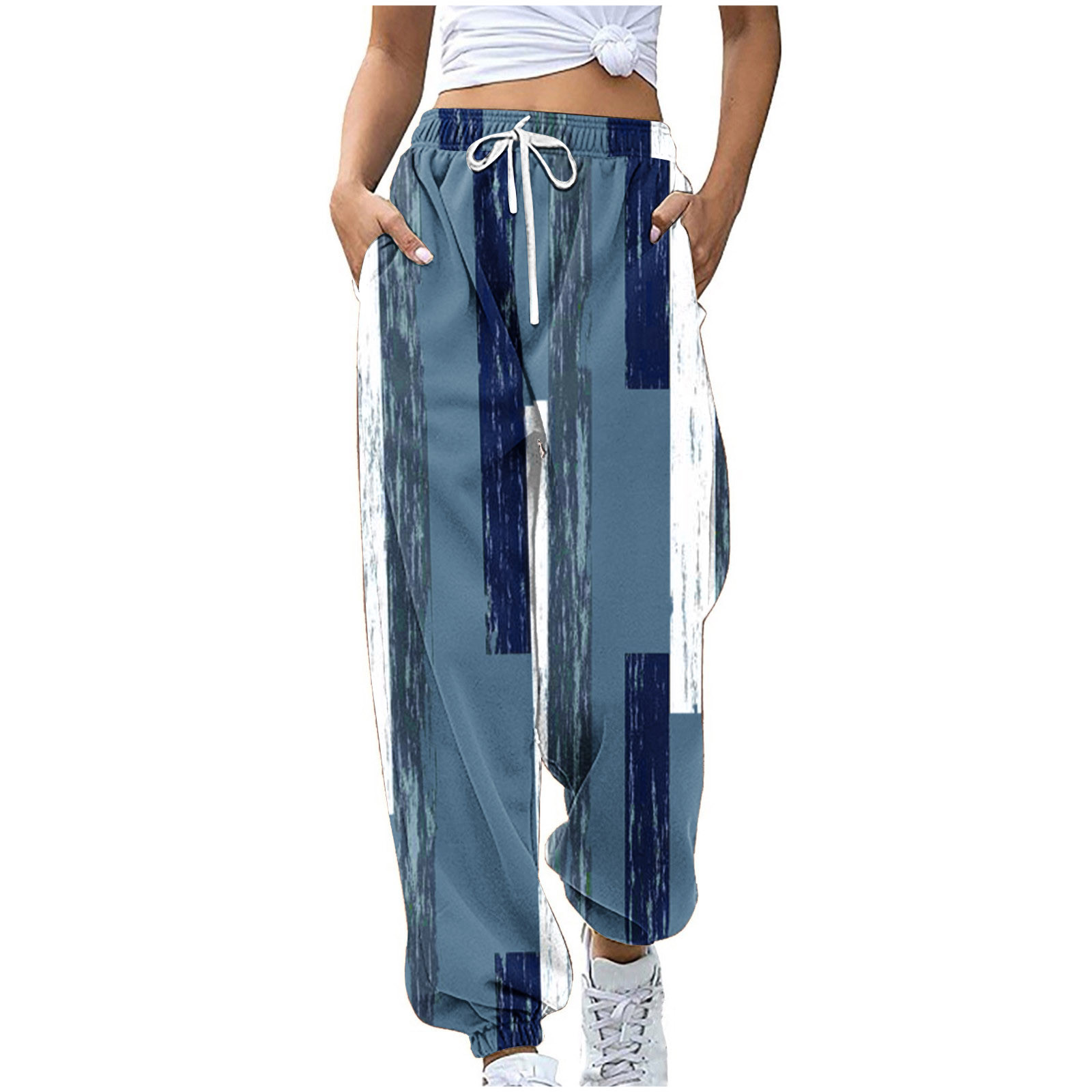 Sweatpants Women High Elastic Waisted Drawstring Wide Leg Trendy Bohemian Print Striped Casual Loose Trousers with Pockets Blue 2 XL Walmart