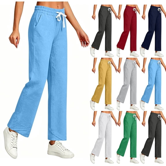 Sweatpants Women High Waisted Cotton Linen Drawstring Elastic Waist Trousers with Pockets Comfortable for Home Wear