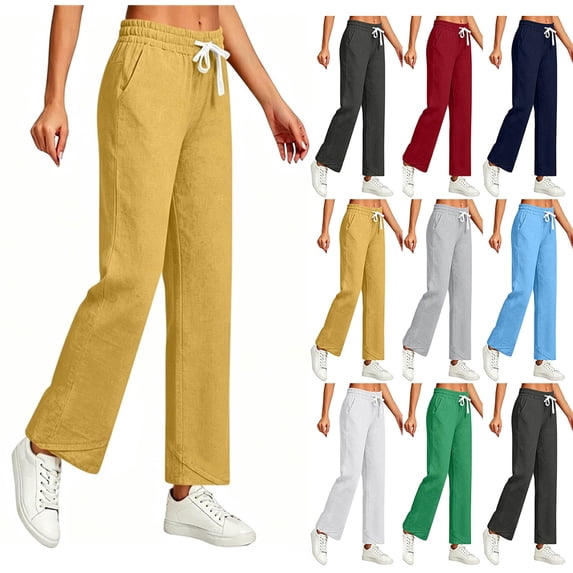 Sweatpants Women High Waisted Cotton Linen Drawstring Elastic Waist Trousers with Pockets Comfortable for Home Wear