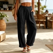 Cotton Linen Pants for Women Wide Leg Casual Drawstring Waist Palazzo Pants Flowy Loose Lightweight Pants Beach Trousers with Pockets